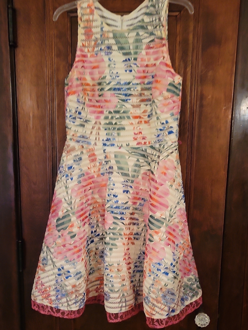 J. Taylor Abstract Lace-Overlay Midi Dress in Cream & Pink Size 10